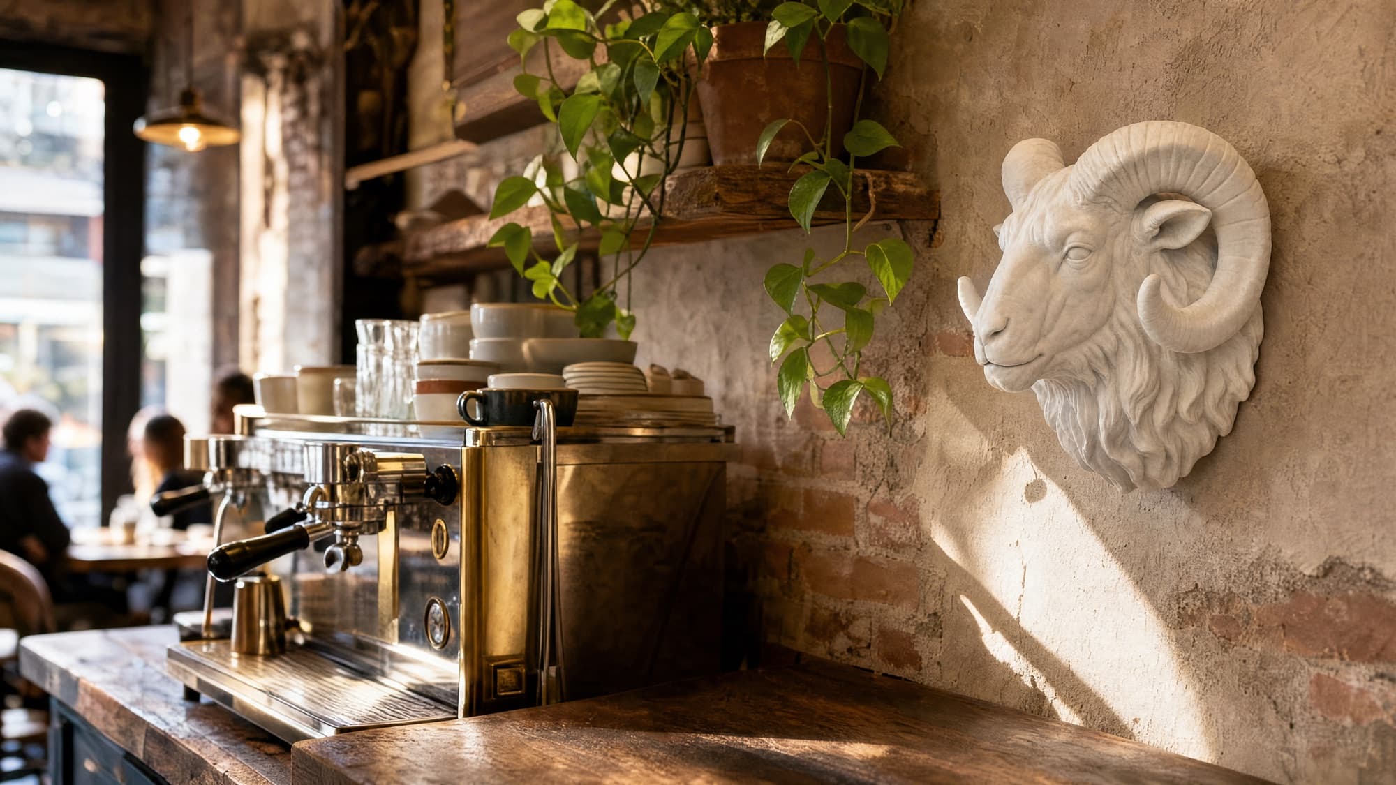 White Wild White ram sculpture on a plaster wall in a rustic café