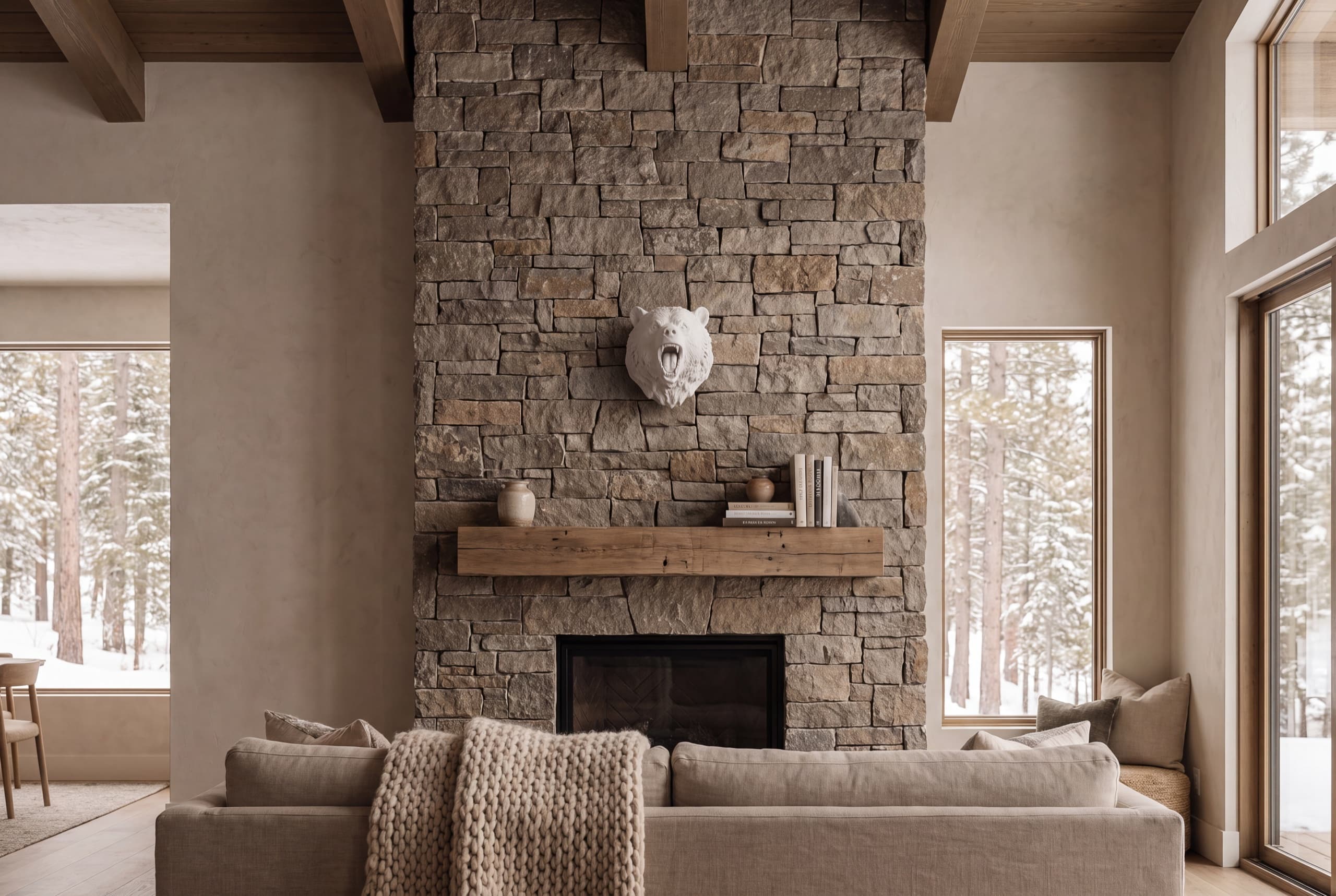 Wild White bear sculpture in a modern mountain living room