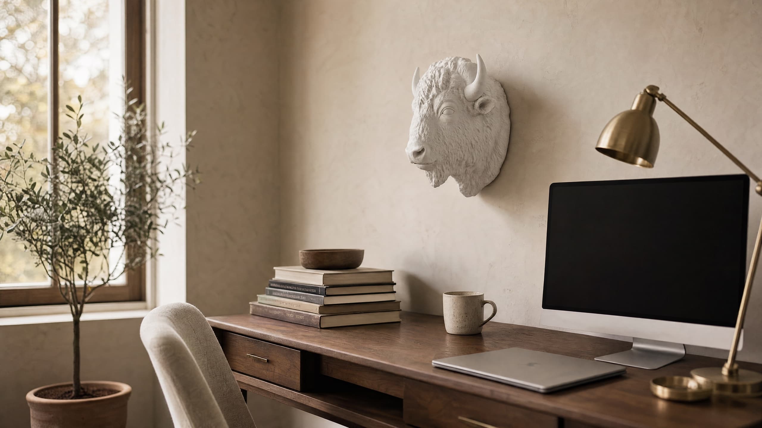 Wild White bison sculpture on a work desk