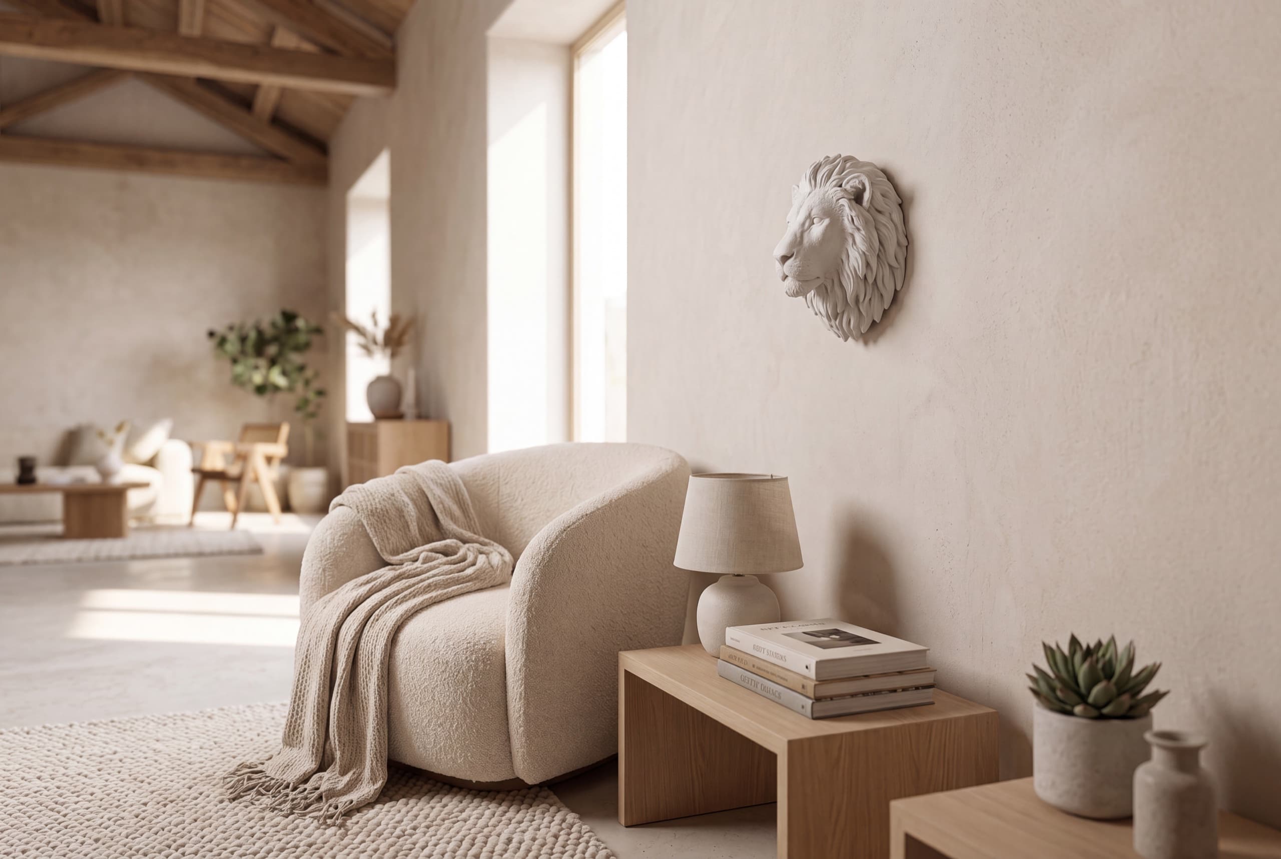 Wild White lion sculpture in a sun-drenched loft